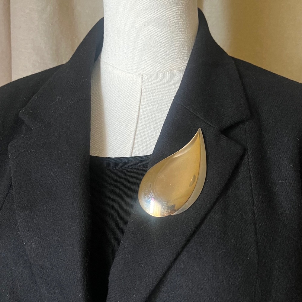 Vintage Two Tone Sculptural Teardrop Brooch Gold Silver Modernist 3.5" Statement
